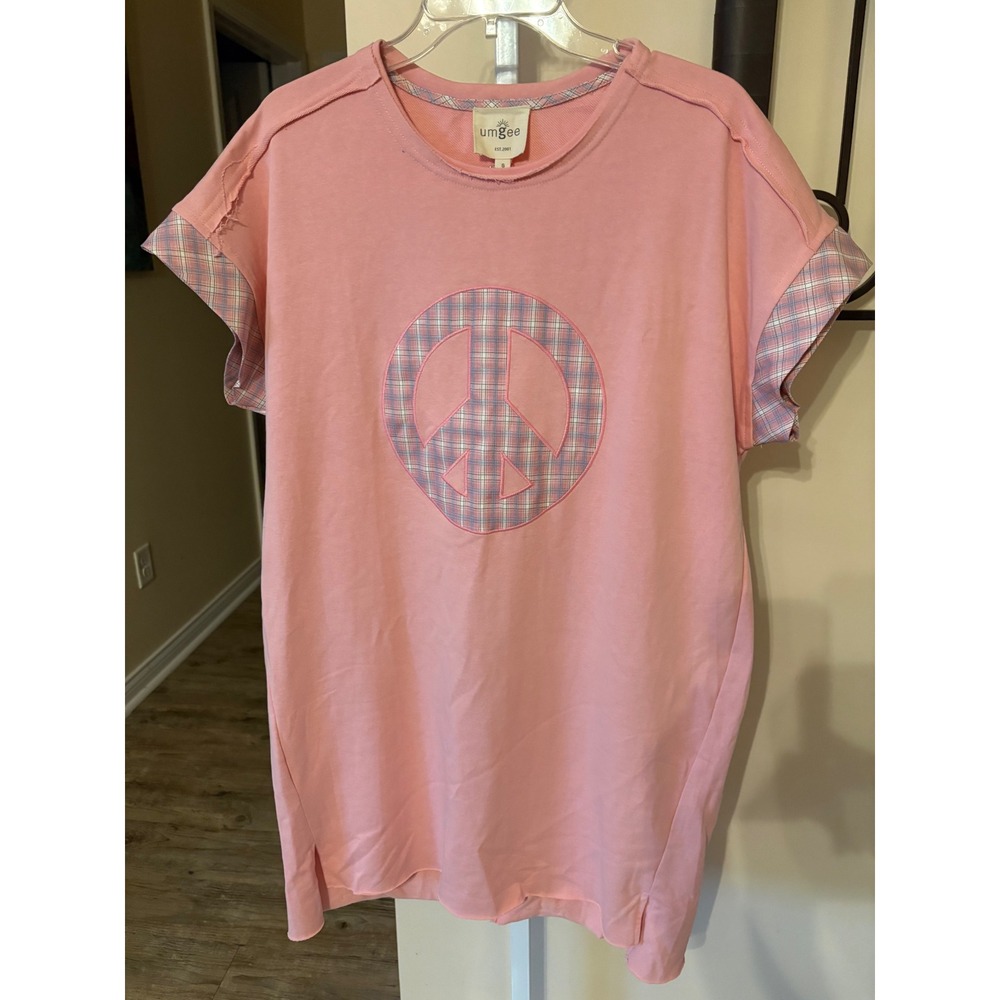Umgee Pink Plaid Peace Sign Raw Edge Short Sleeve Top Small Boho Casual